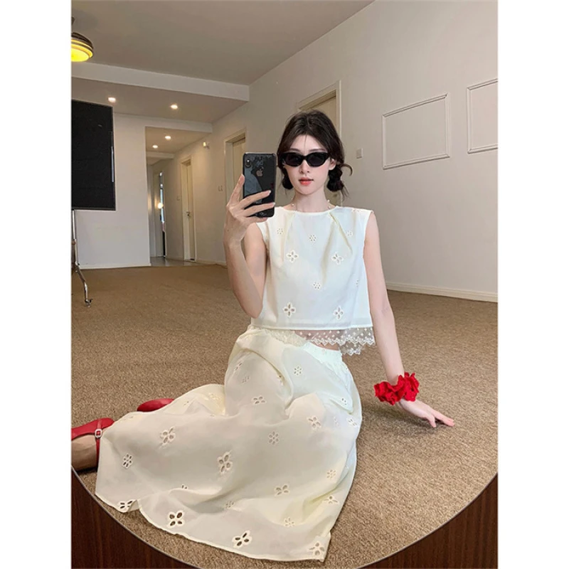 法式时尚气质设计感小众镂空露背绑带背心上衣半身长裙两件套装女