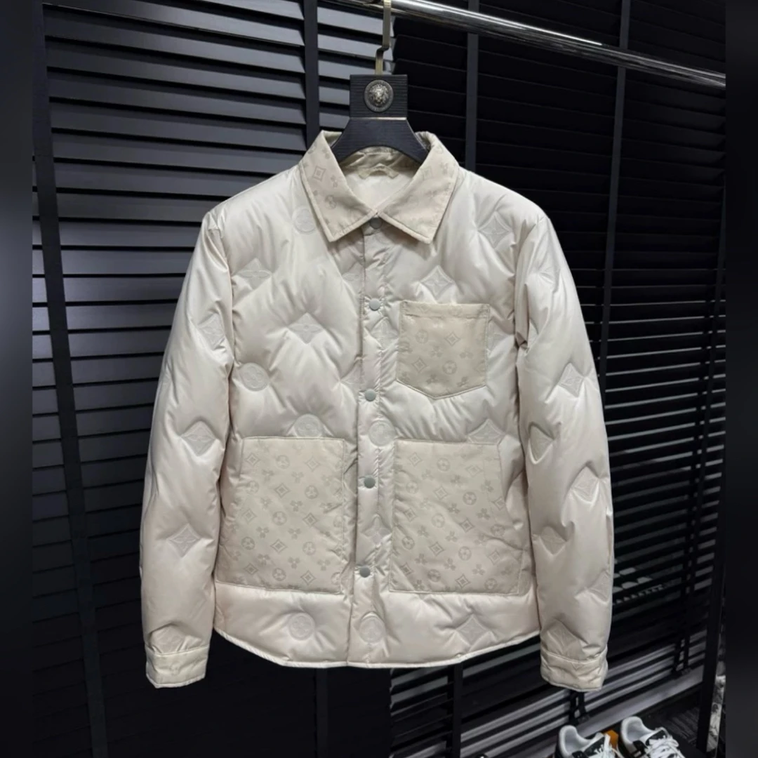 欧货新款冬季男士衬衫领时尚压花休闲棉服修身外套潮流棉衣外套男