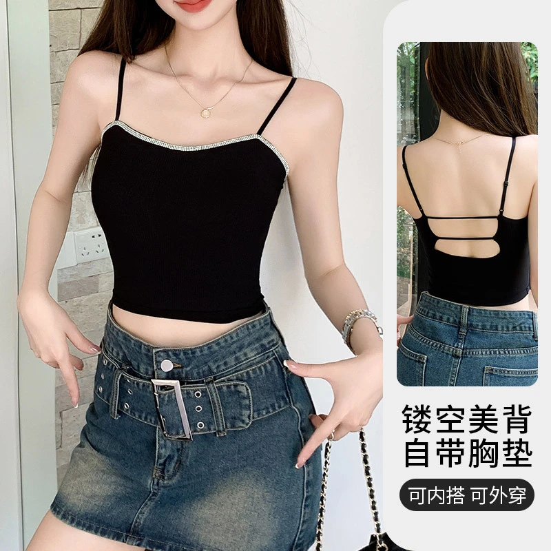 点钻带胸垫吊带背心女内搭内衣修身外穿短款镂空美背打底上衣露背