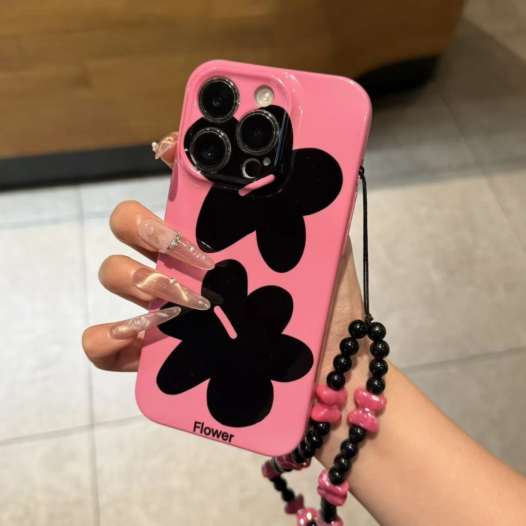 奥菲顿玫粉黑花挂链适用苹果17菲林16手机壳华为P70vivoppo小米15