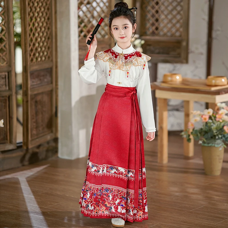 马面裙女童春季套装2025新款中国风长袖汉服套装小女孩古风半身裙