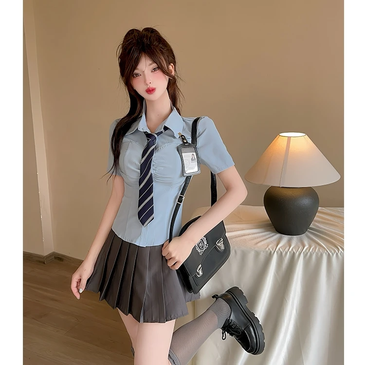 纯欲收腰蓝色领带衬衫短袖上衣高腰百褶半裙夏季JK制服学院风套装
