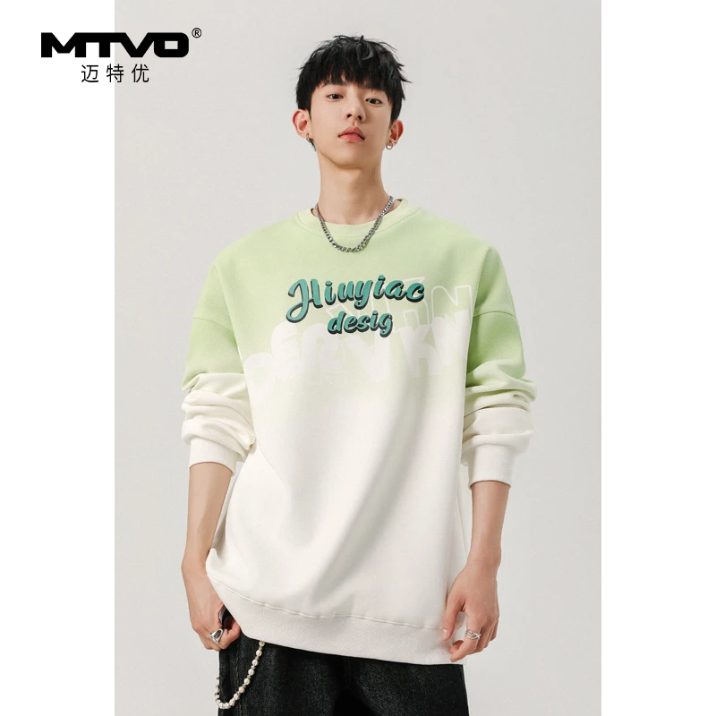 MontVoo/迈特优套头圆领印花渐变长袖卫衣撞色潮流男士春秋25609