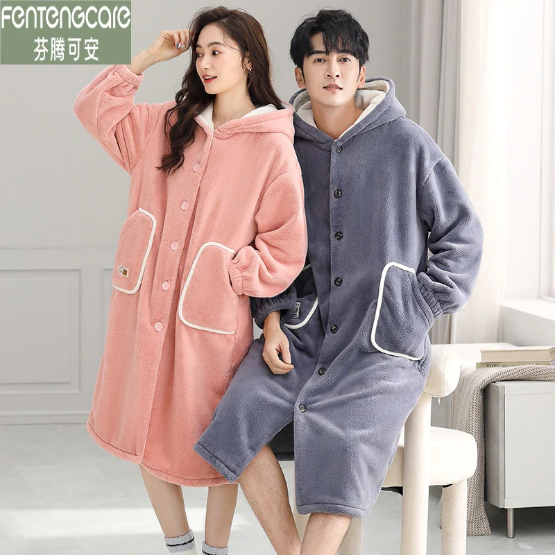 芬腾可安情侣睡衣女款冬款珊瑚绒加厚加绒浴袍秋冬季男士睡袍大码