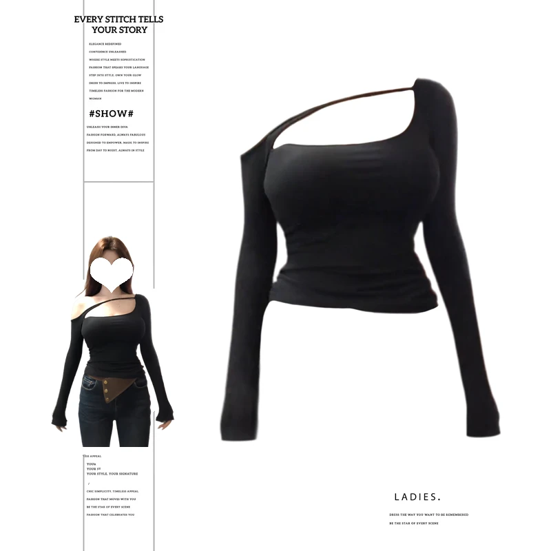 大码胖MM美式辣妹斜领长袖T恤女秋季设计感小众修身显瘦打底上衣