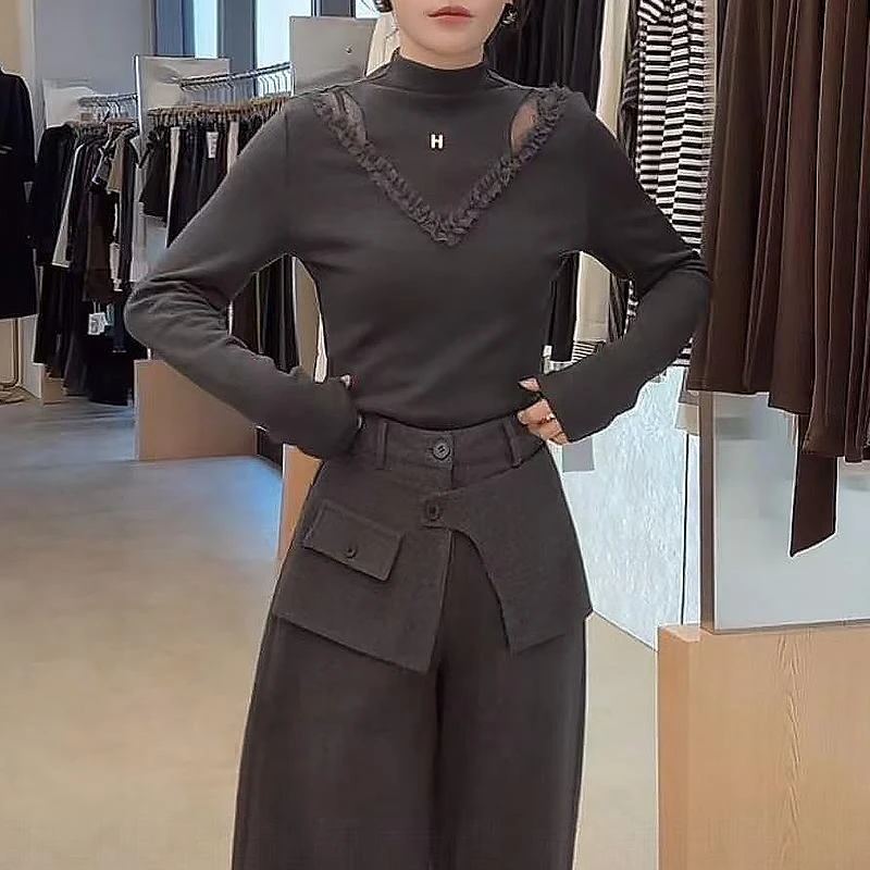 秋冬款半高领针织衫长袖女内搭气质修身时尚减龄毛衣镂空打底衫