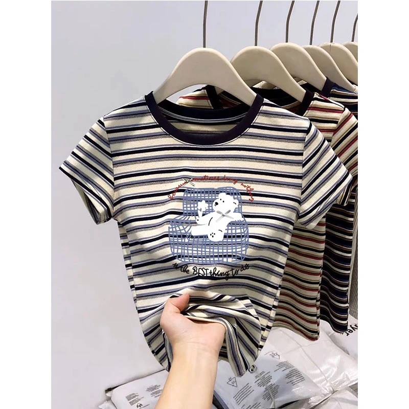 韩版条纹撞色圆领短袖T恤女2025年夏季新款时尚百搭洋气小众上衣