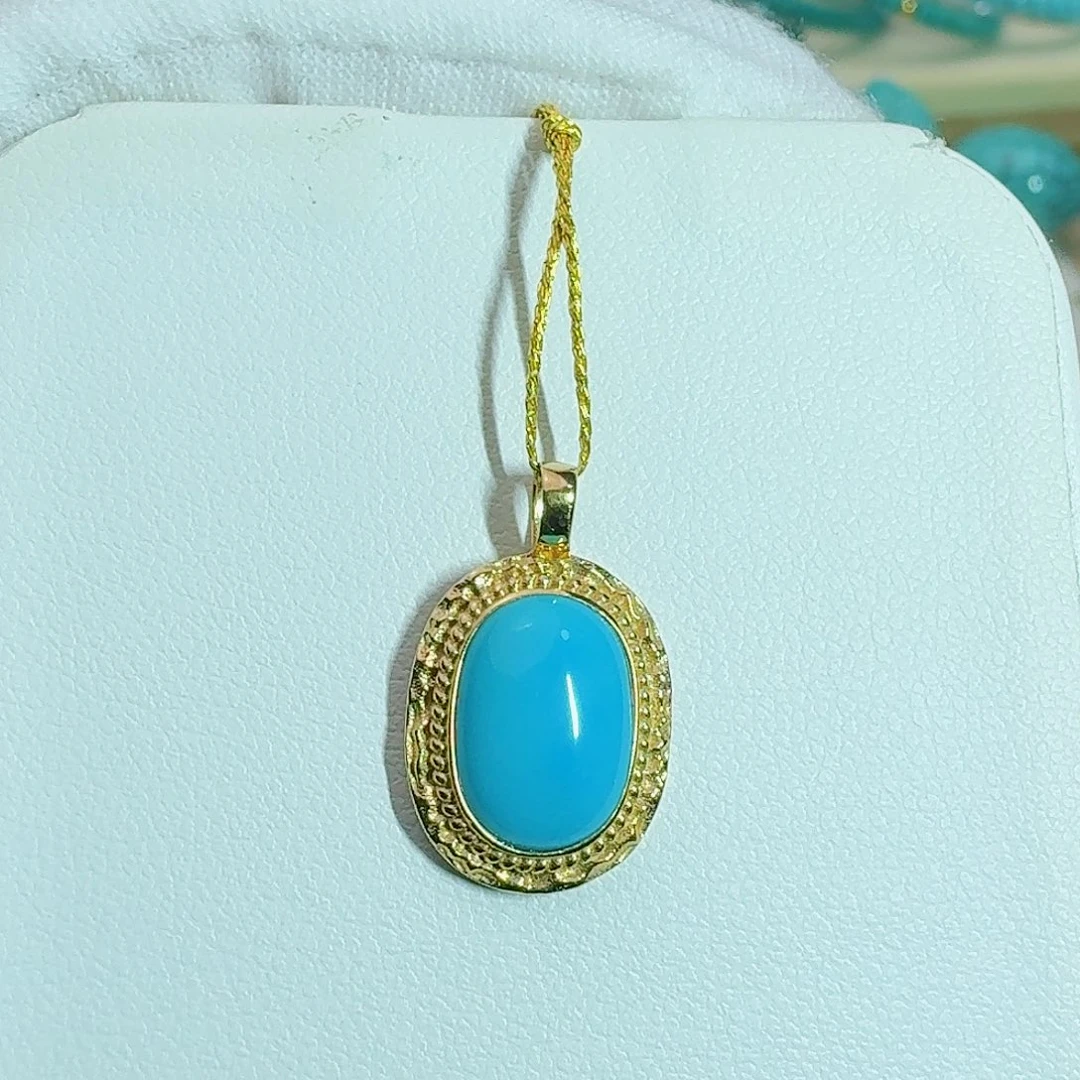 绿松石18K金镶嵌珠宝奇石精致高瓷蓝吊坠