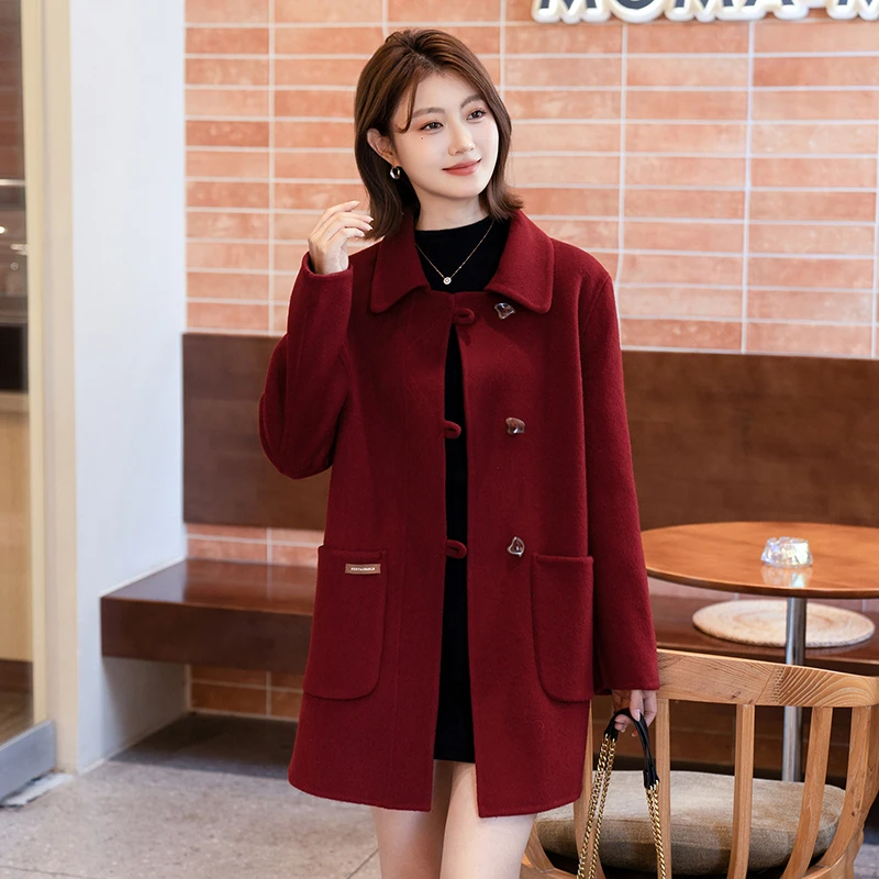 高贵中年妈妈秋冬双面呢羊毛大衣中长款洋气中老年女红色毛呢外套