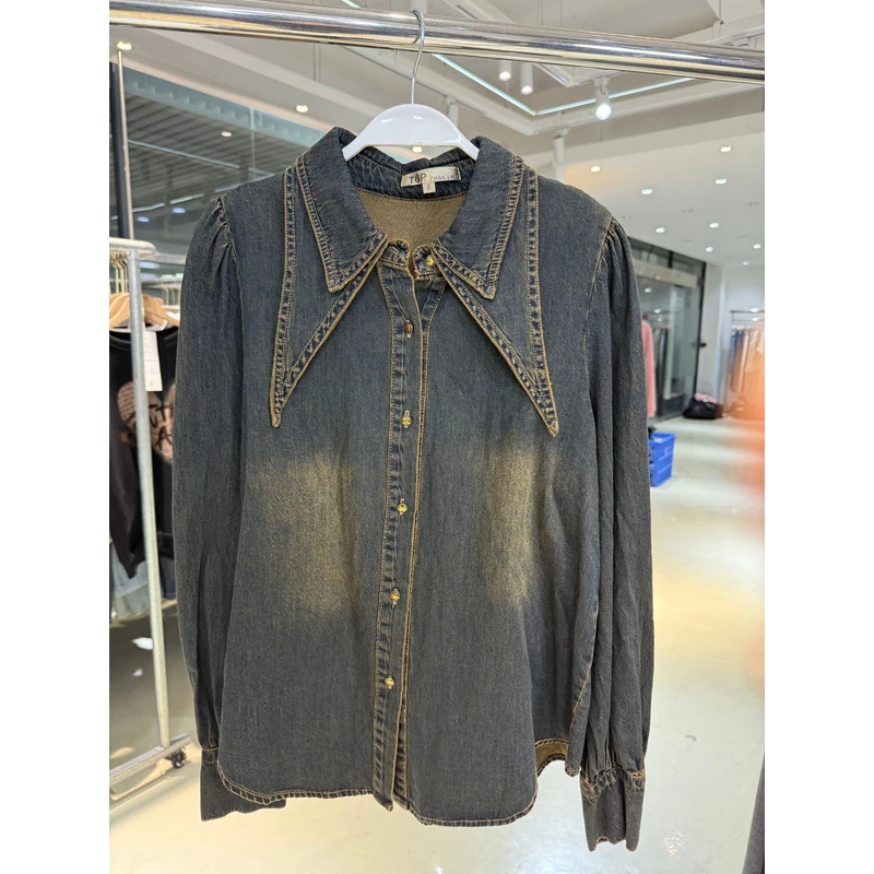 Q1026韩系穿搭叠穿复古牛仔衬衫设计感翻领修身百搭长袖上衣