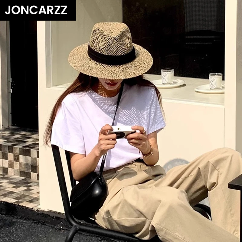 JONCARZZ防晒防紫外线帽子女新款编织草帽遮阳帽显脸小平顶礼帽