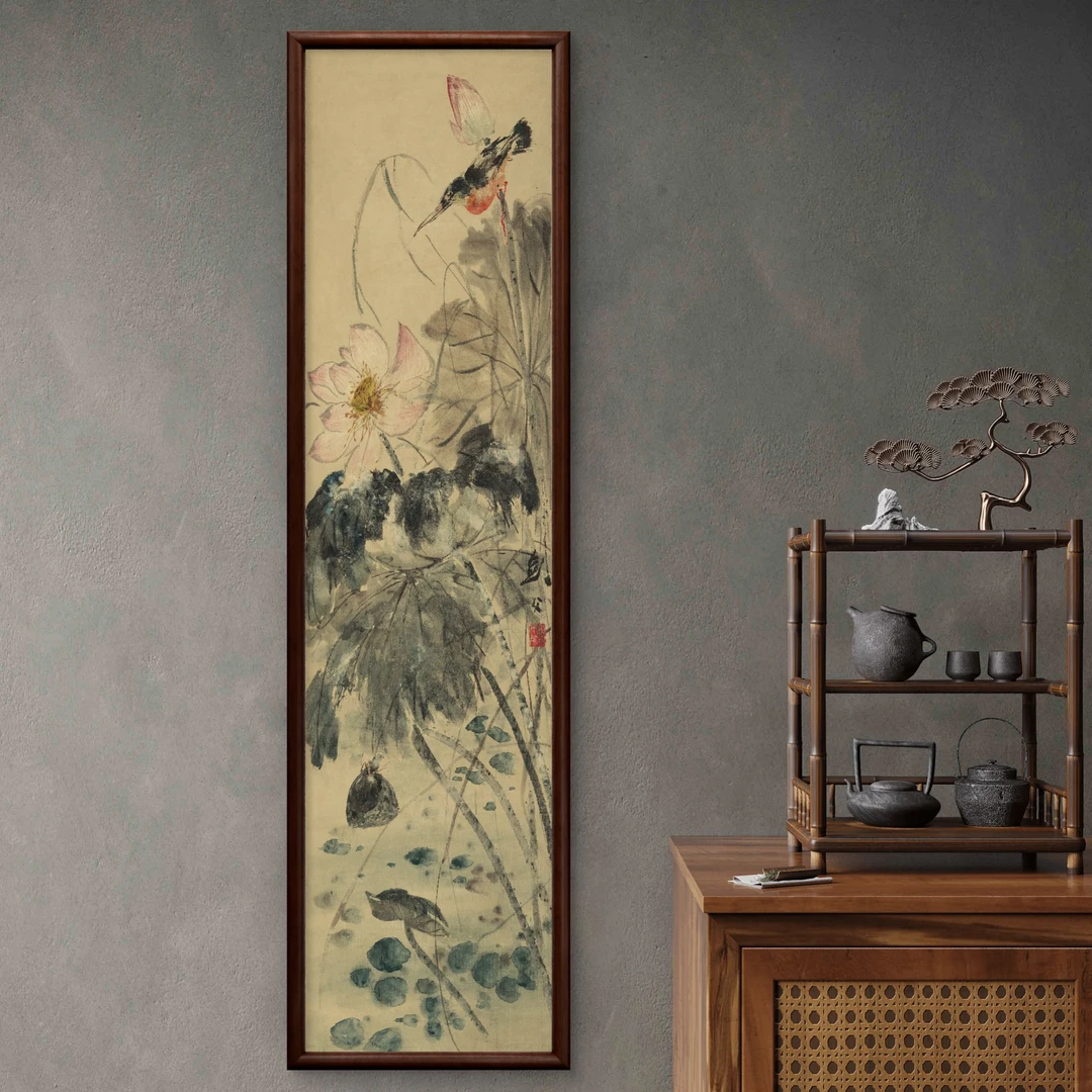 9975-40*150荷塘翠鸟图中式装饰画实木框玄关书房茶室客厅挂画