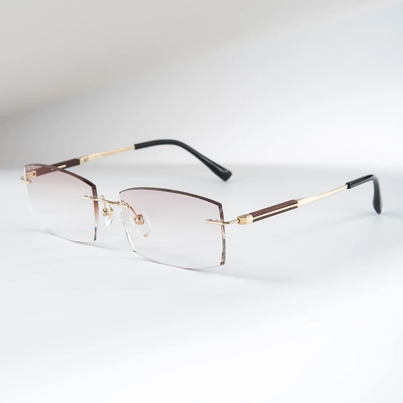 君铂檀木无框包金时尚斯文气质近视超轻钛镜配度数切边眼镜框8002