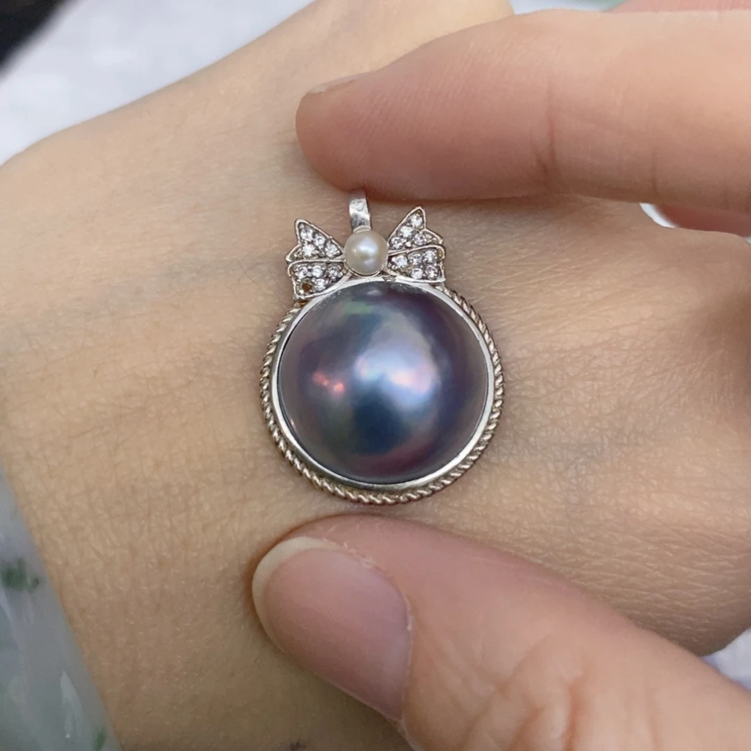 翠***鸟颈饰银S925镶嵌拼合珍珠（马贝珠）海水马贝珠