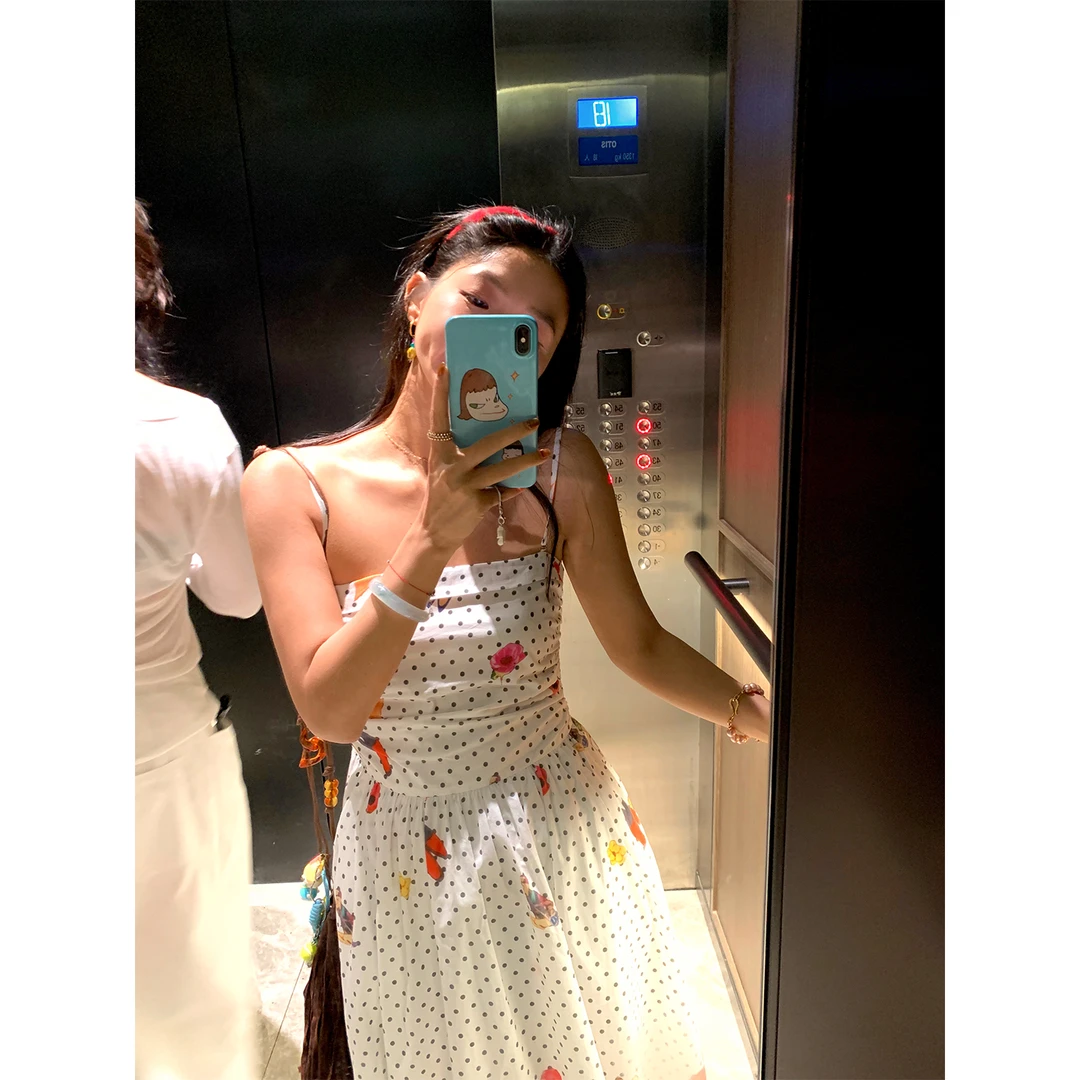 落落狷介 吊带连衣裙女夏波点碎花裙白色小个子收腰吊带裙显瘦裙