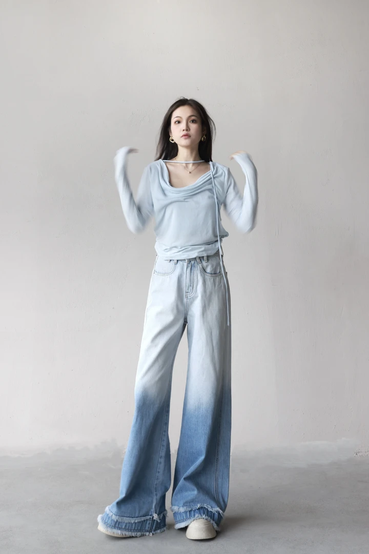 春夏季爆款渐变色设计感百搭高腰显瘦宽松阔腿牛仔裤#9039