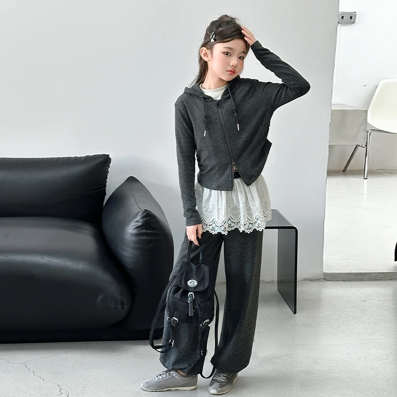 女童套装春秋款2025中大童儿童洋气拉链连帽开衫休闲网红两件套春