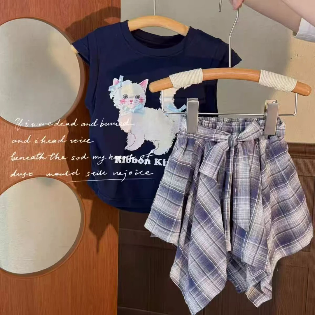 【橘子家】女童猫咪飞袖T恤不规则格子裙裤套装夏款两件套HS62240