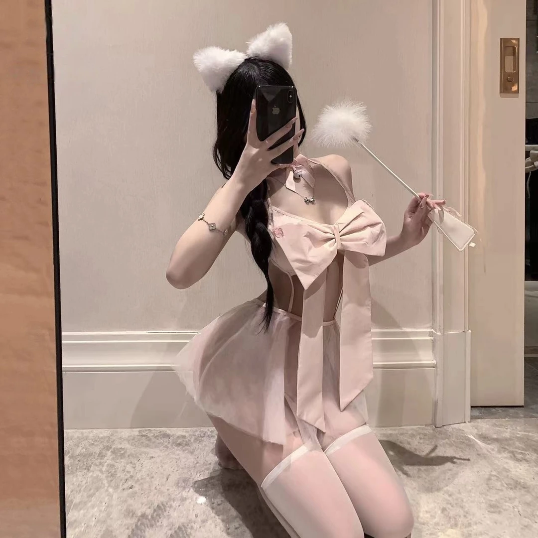 性感睡衣女纯欲网纱连衣裙大蝴蝶结吊带裙粉色薄款露背超短睡裙