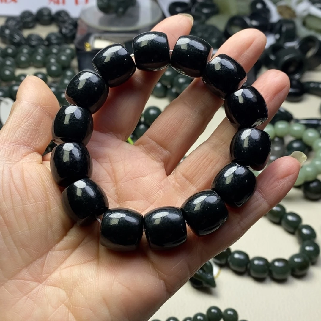 朝***辉和田玉未镶嵌手链新疆和田黑青玉卡16直切手串