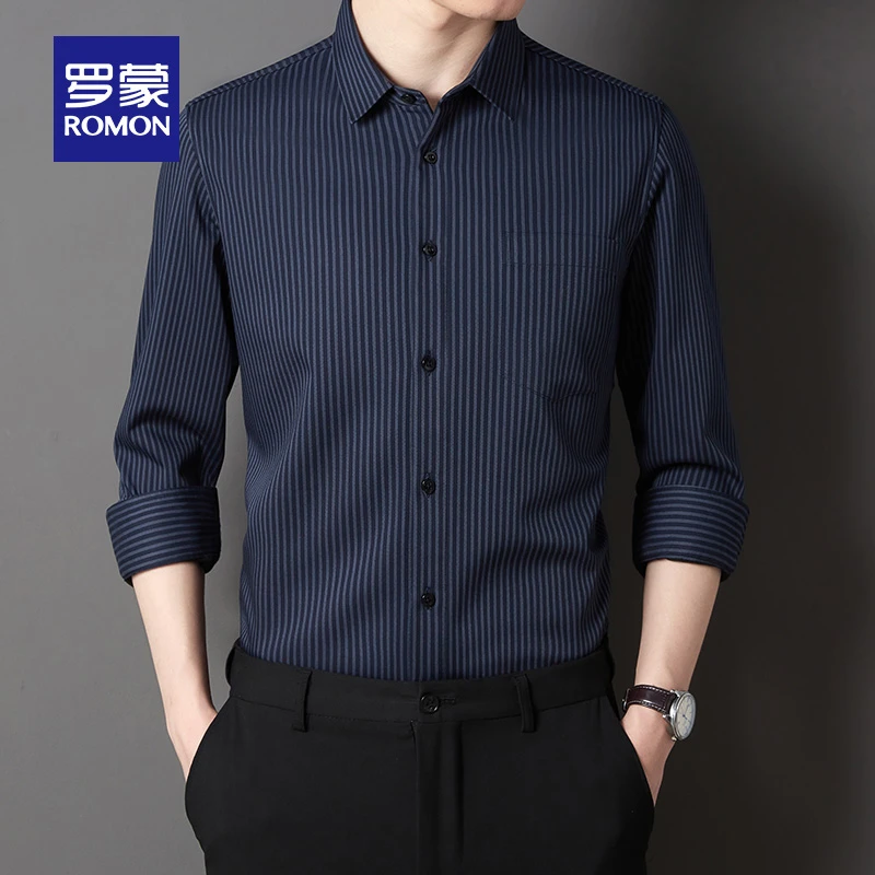 罗蒙男士商务休闲条纹衬衫2025秋季职业工装翻领上衣百搭长袖衬