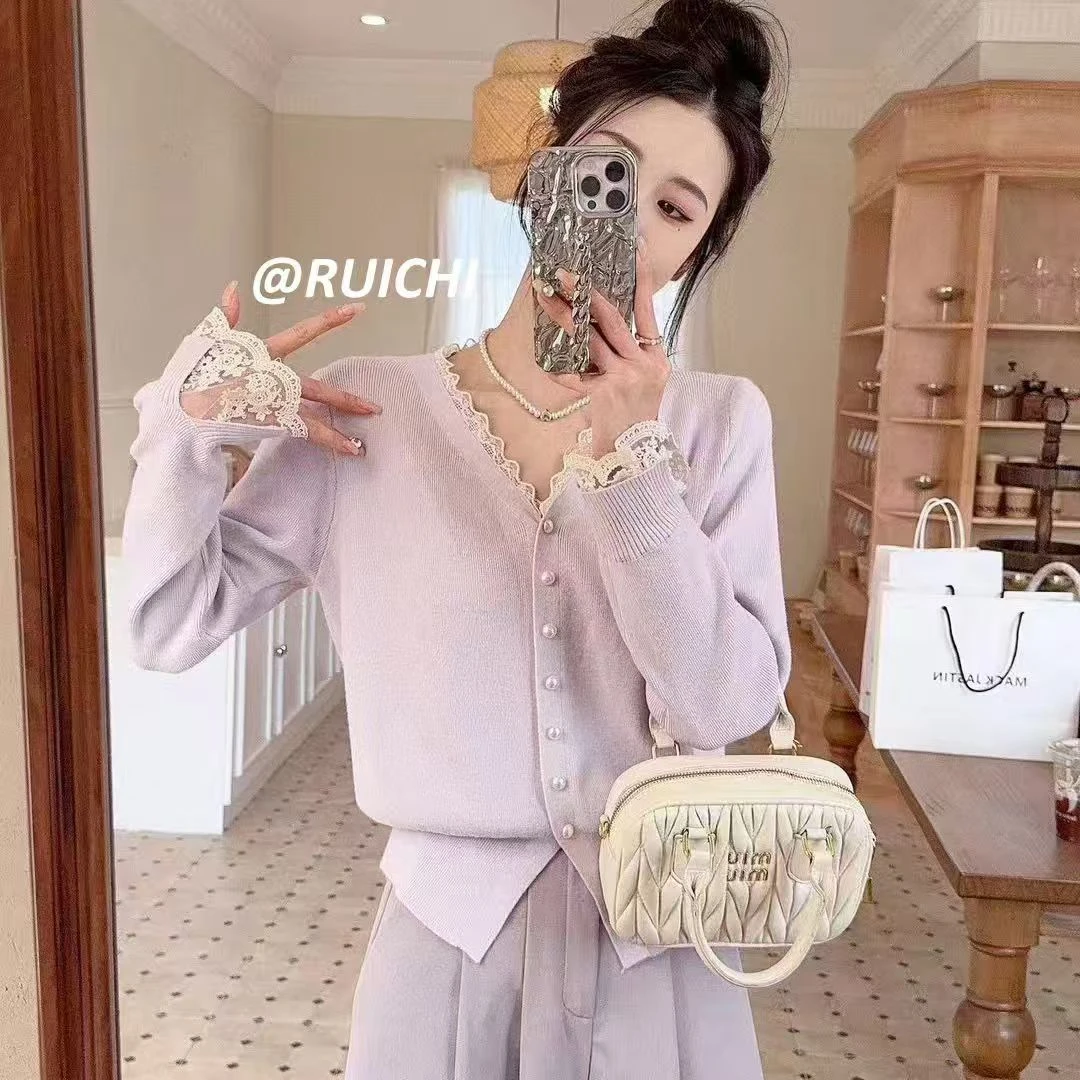 法式慵懒风百搭针织衫春秋季氛围感蕾丝针织衫开衫衫上衣法式打底