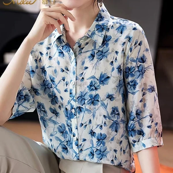 100%桑蚕丝短袖时尚百搭衬衫纯色休闲宽松玩雾霾蓝8251220