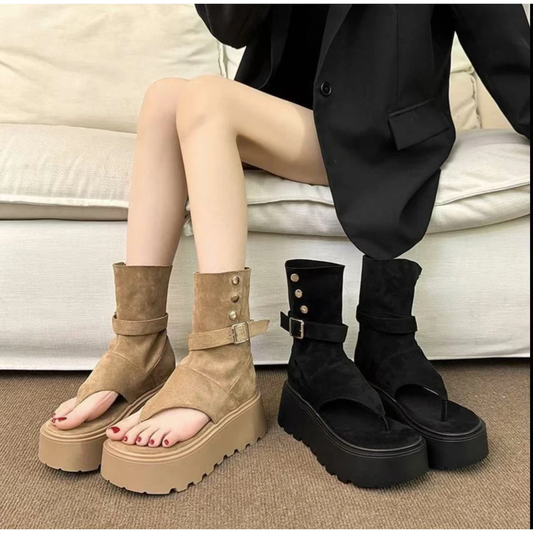 【退换货补运费】厚底松糕显瘦露趾凉靴皮带辣妹百搭时尚瘦瘦靴