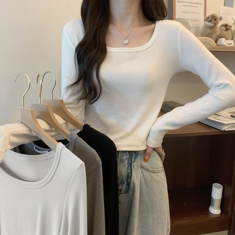 白色打底衫女春秋季短款内搭长袖t恤小衫上衣低领修身小个子女款