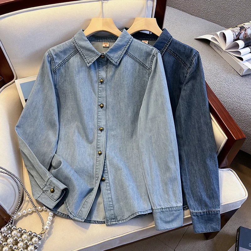 2025新款吸睛小金扣蓝色牛仔衬衫女士春秋季时尚韩版宽松百搭上衣
