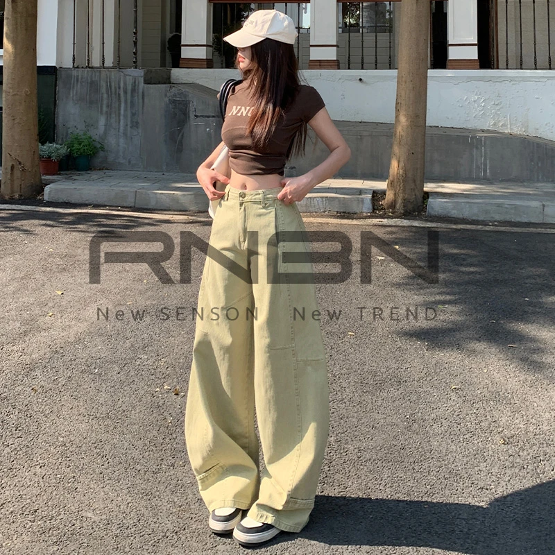 RNBN阔腿弯刀牛仔裤多结构时尚设计宽松浅卡其色/白色拖地休闲裤