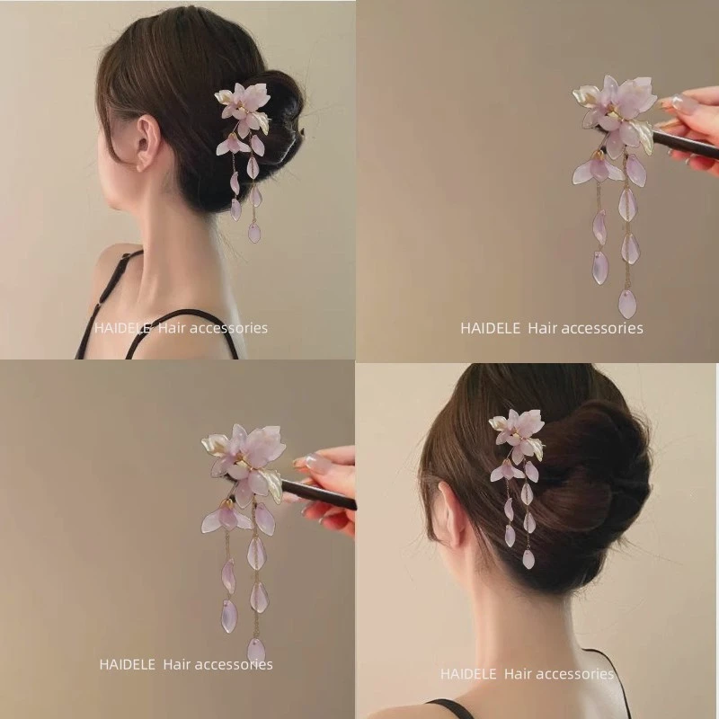 新中式海棠花发簪国风旗袍超仙簪子女高级流苏步摇木簪盘发发饰品