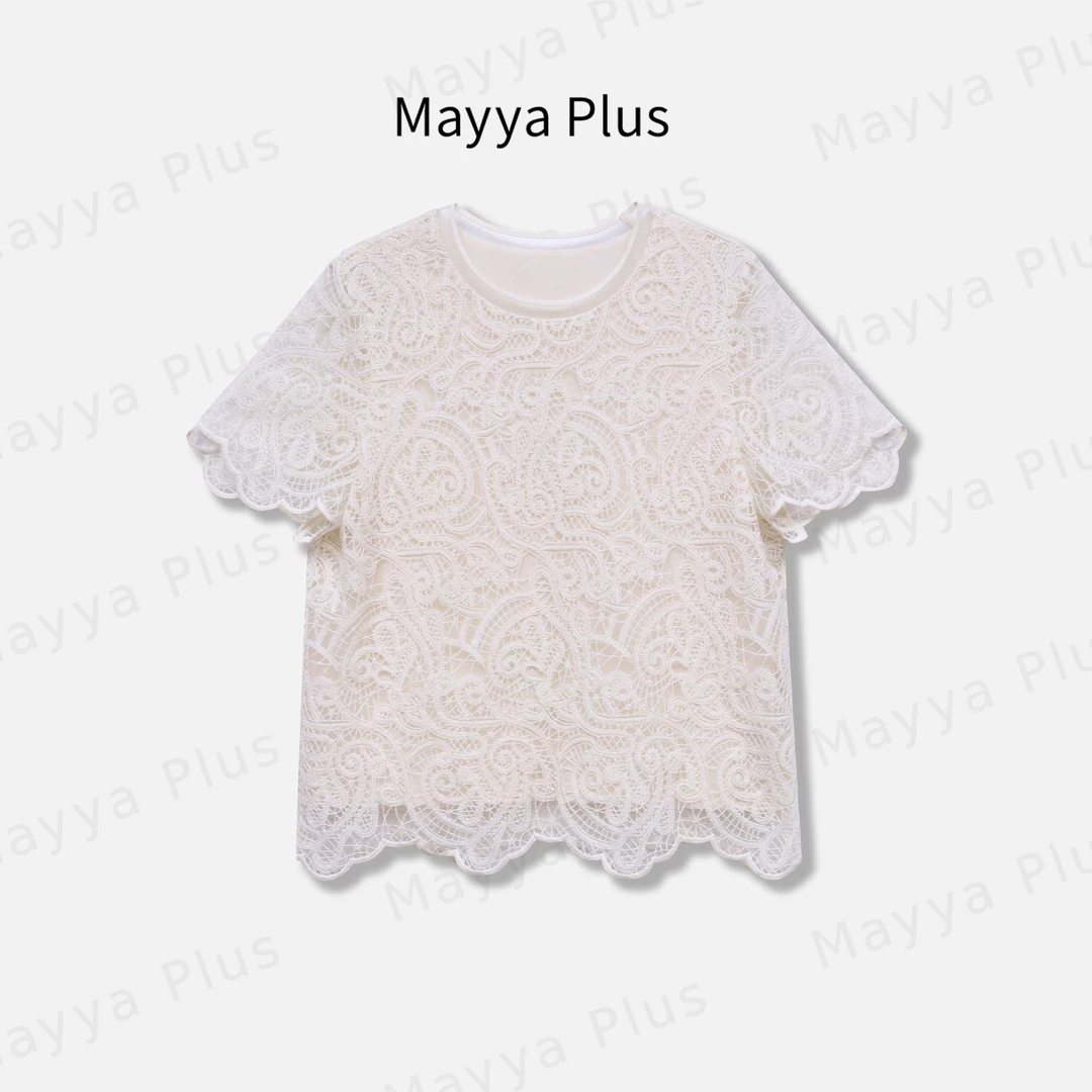【玲珑】Mayya Plus麦芽定制法式蕾丝花边短袖T恤减龄上衣32516169