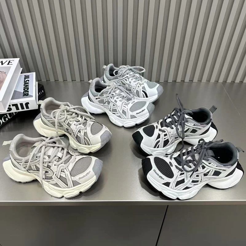 2025早秋新款巴加厚底老爹鞋女真皮网面增高百搭舒适休闲运动鞋女