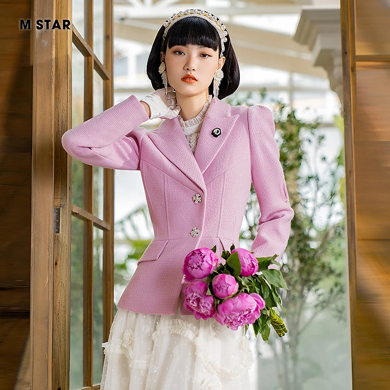 M-Star冬季法式通勤西装单面毛呢外套气质休闲时尚显瘦SECG141503