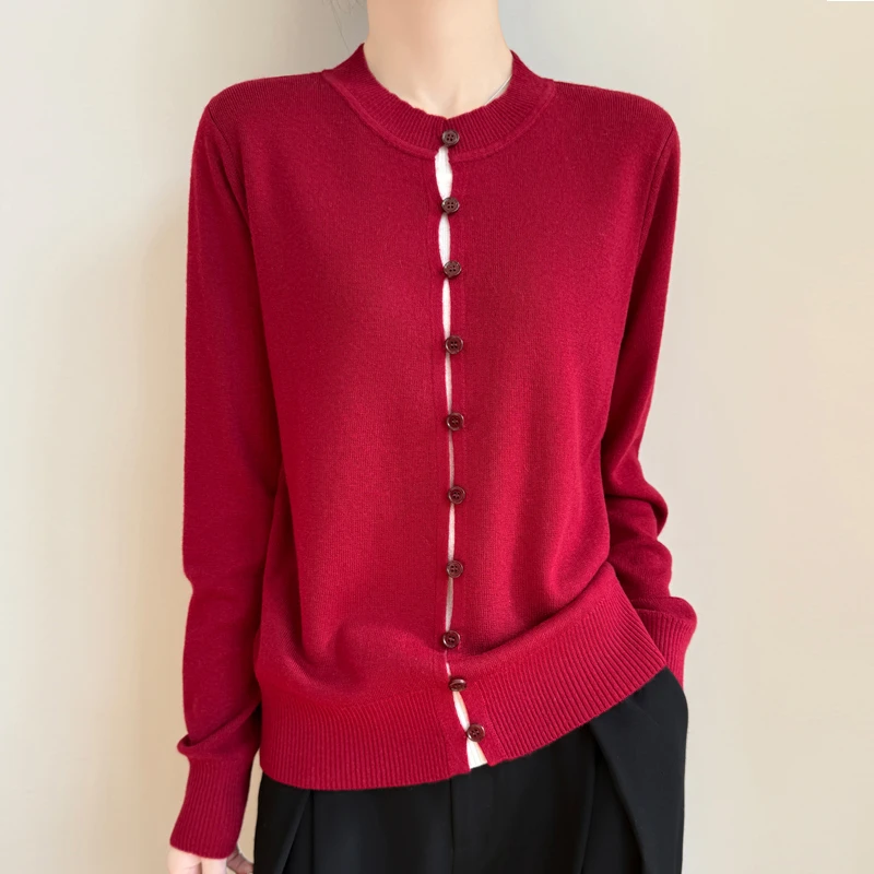 设计感时尚圆领精纺羊毛衫女薄款春秋外穿假两件针织衫撞色上衣