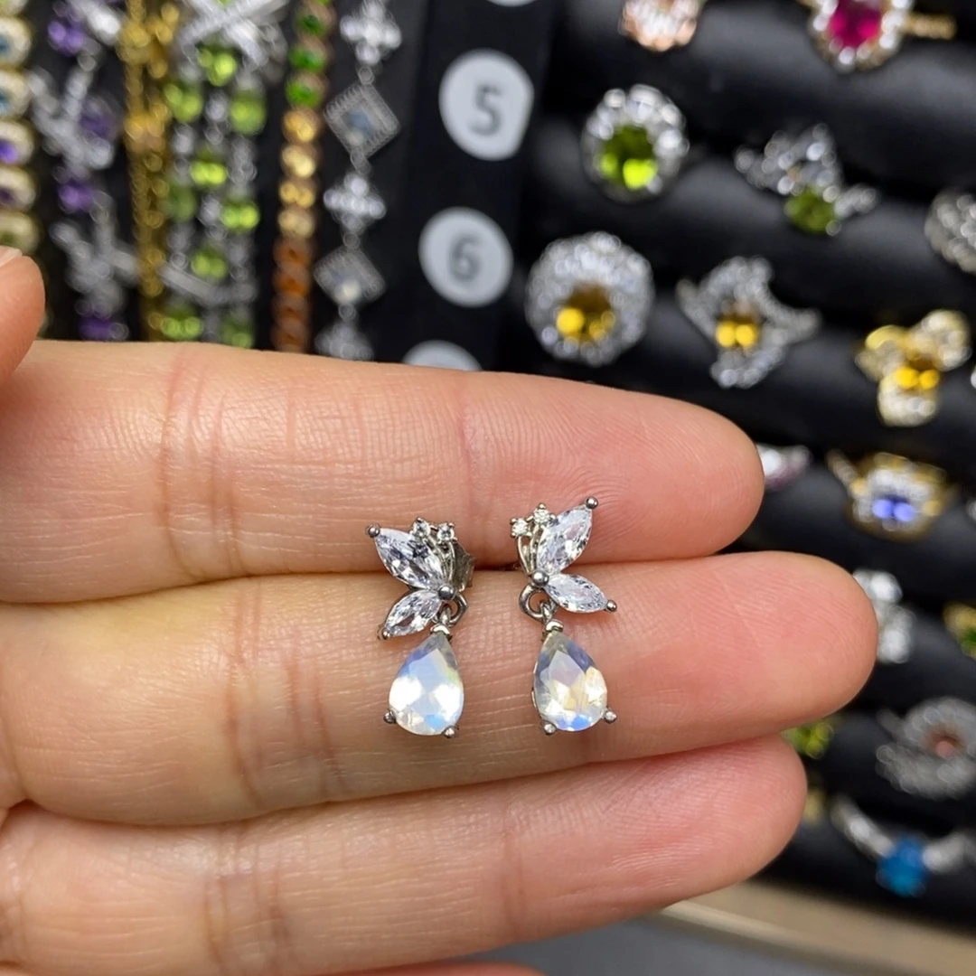 月光石耳钉银S925镶嵌