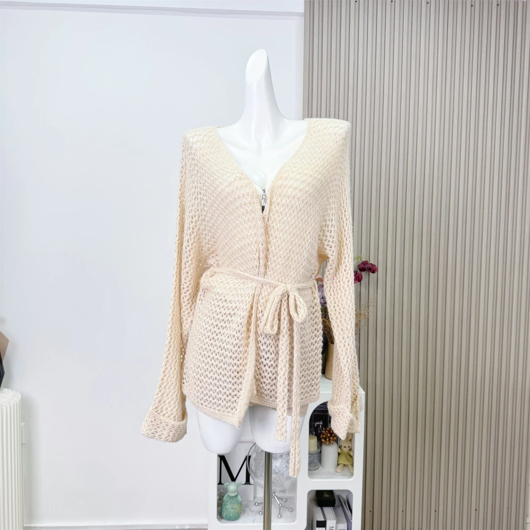 贵感松弛 杏色宽松镂空针织开衫外套V领绑带慵懒风上衣