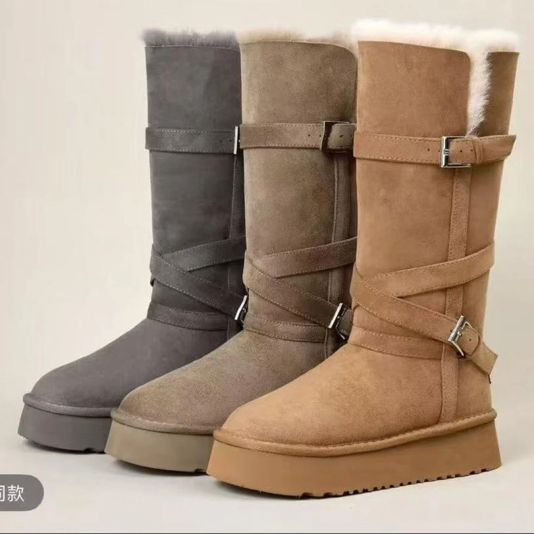 【羊皮露思同款】雪地靴女2025冬季加棉鞋后搭扣平底长筒靴两穿靴子