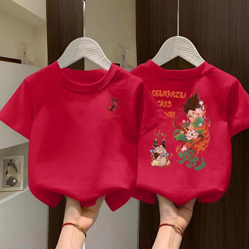 2025新款爆款魔丸哪吒卡通印花国潮中国风春夏短袖男童女童T恤衫