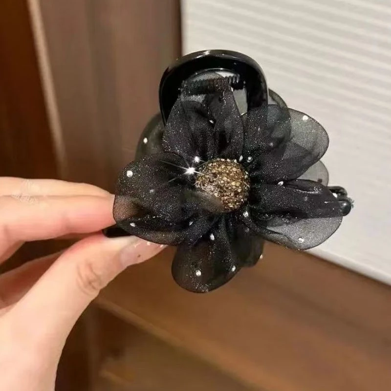 香宾妮  高奢原创设计韩系黑色高级韩版花朵欧根纱抓夹发饰6170