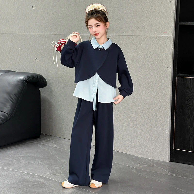 女童秋装套装2025新款韩版休闲中大童设计感时髦假两件衬衫两件套