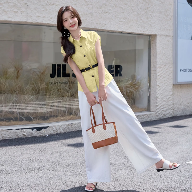 时尚减龄气质套装女2025夏新显瘦单排扣无袖衬衫上衣阔腿裤两件套