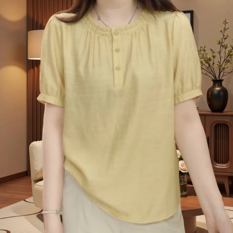 2025夏季新款气质减龄大气显瘦短袖衬衫时尚休闲百褶领纯色上衣