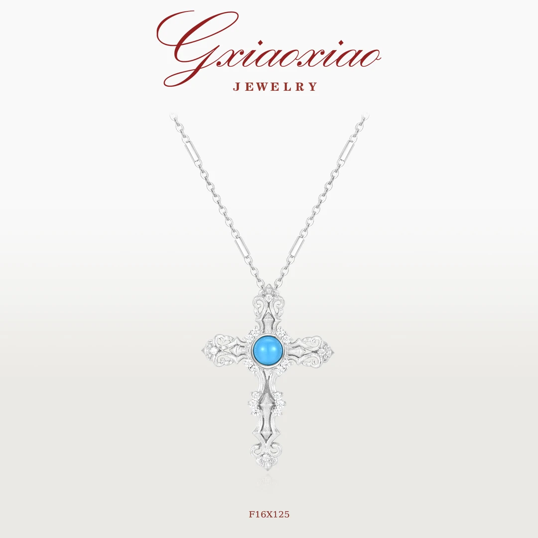G XIAOXIAO 镀K金 法式气质复古高级百搭蓝色十字架项链 F16X125