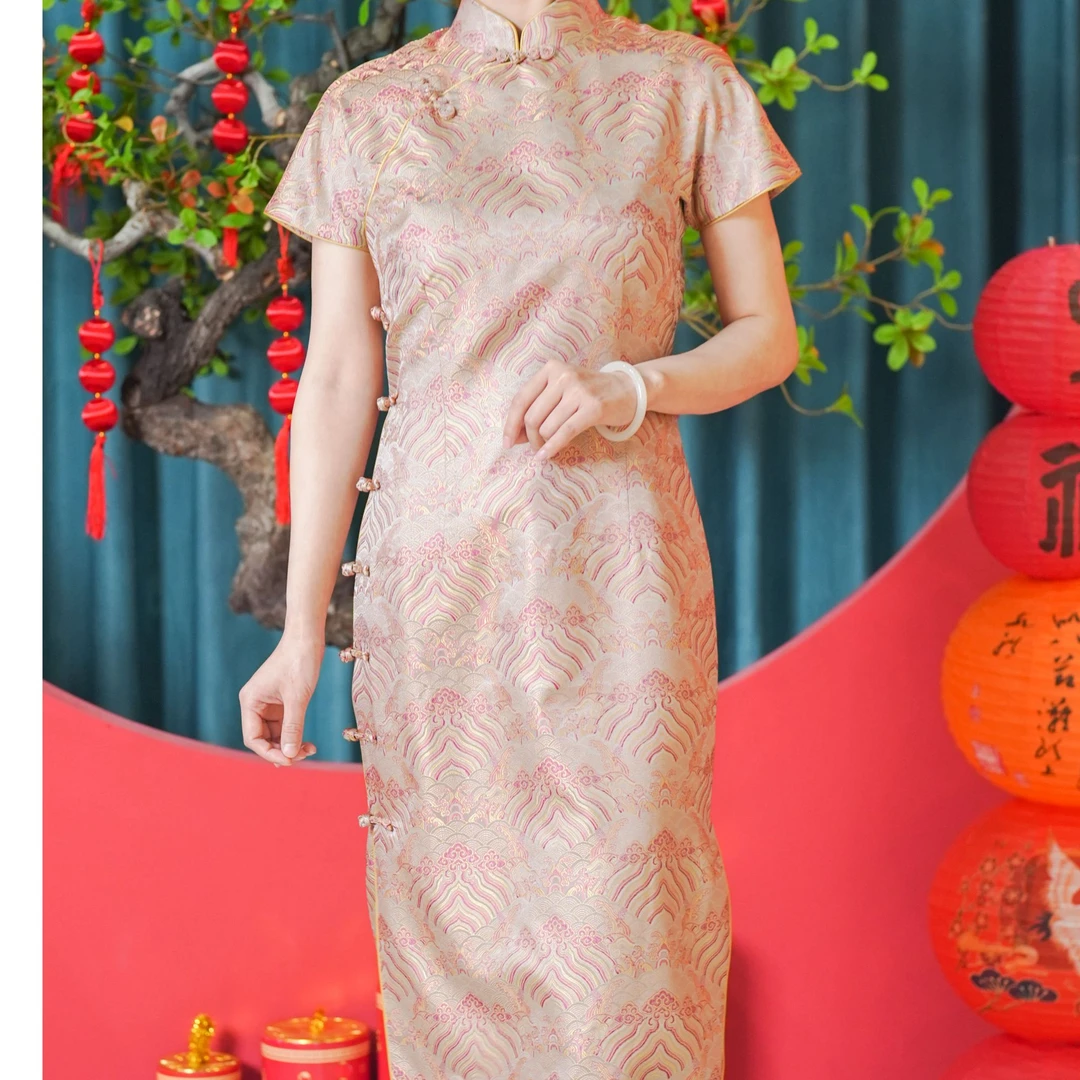 【粉色海水江崖纹】百分百宋锦日常连肩三分袖全开襟旗袍