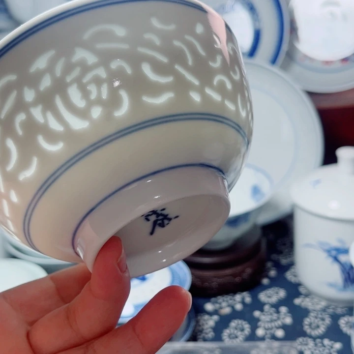 青花玲珑5寸饭碗满雕双福双线