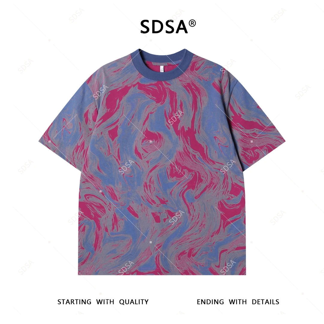 夏季高级感新款男士美式扎染水波纹设计短袖T恤百搭时尚圆领上衣