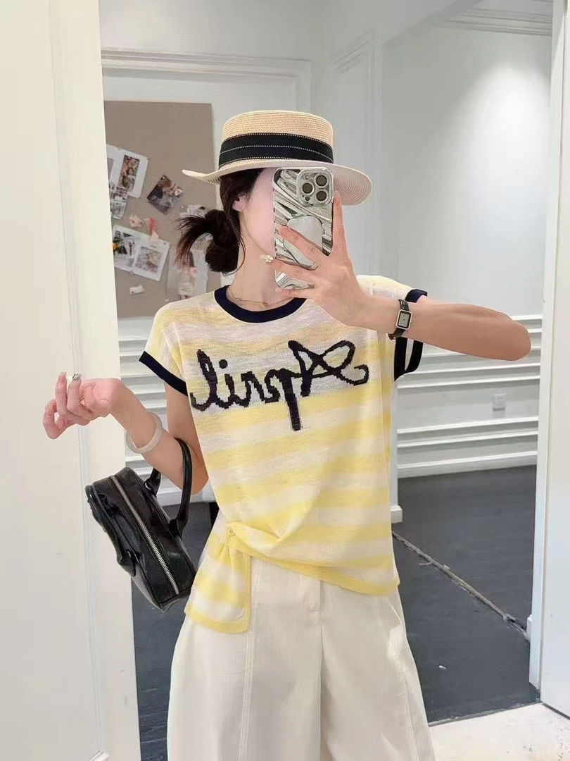 条纹字母短袖t恤女夏季2025新款打底衫洋气时尚女针织上衣J1-87