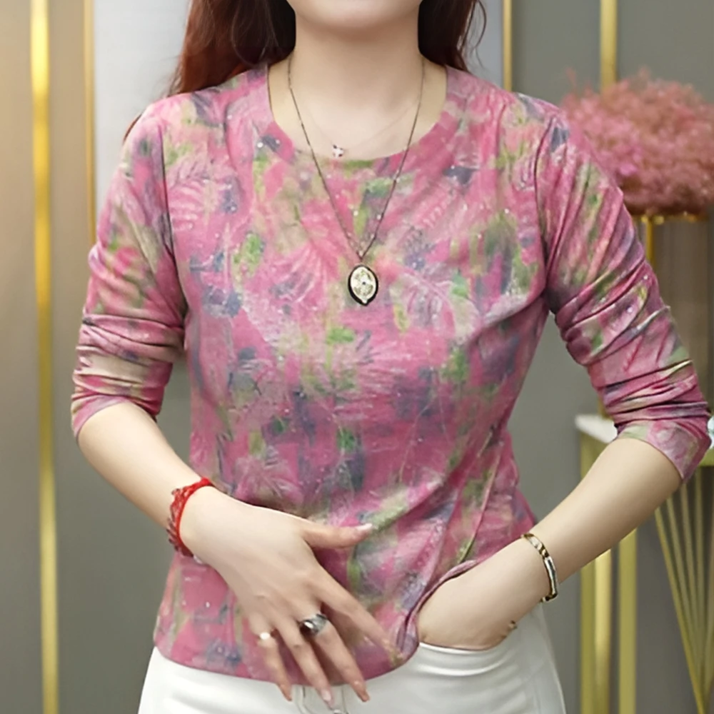 遍地开花 高端别致遮肉显瘦复古长袖印花圆领轻奢打底女T恤1802